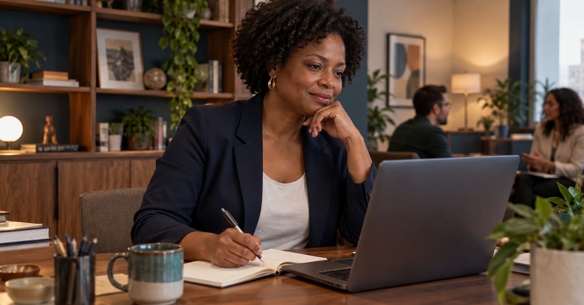 Consultora trabalha de forma independente com notebook e caderno de planejamento.