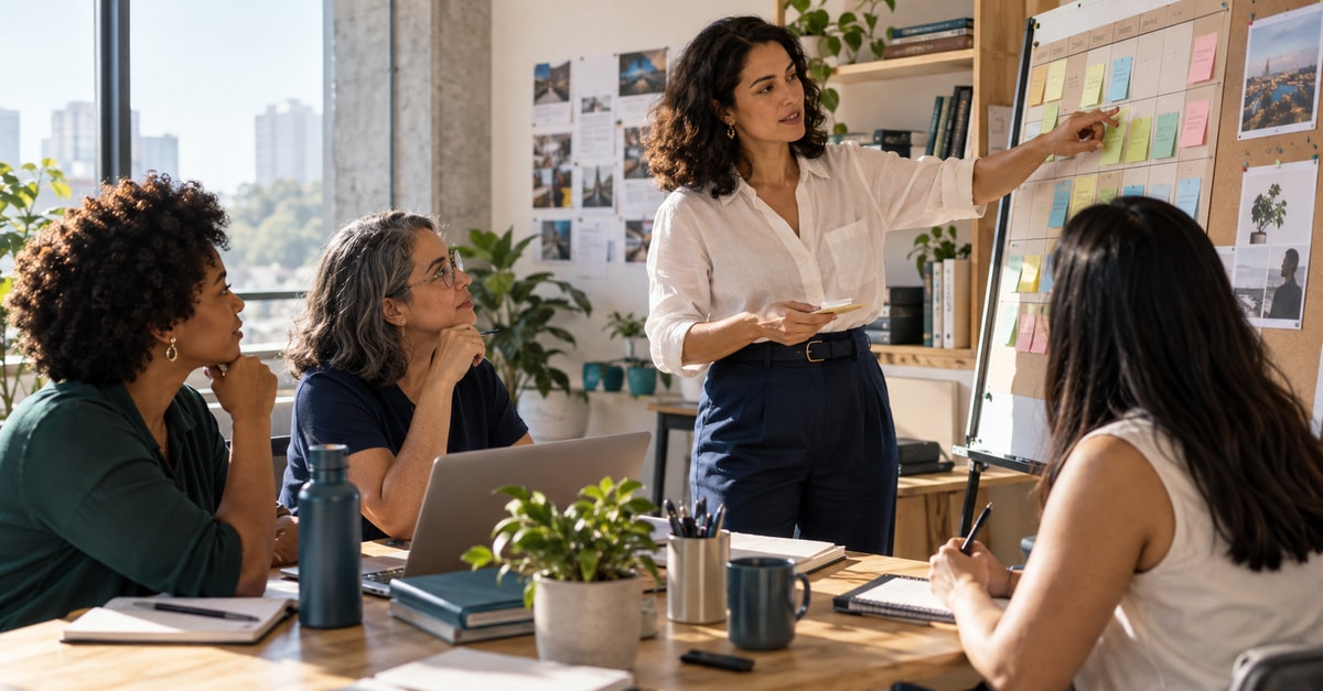 Coordenadora aponta um calendário de atividades em reunião com três colegas.