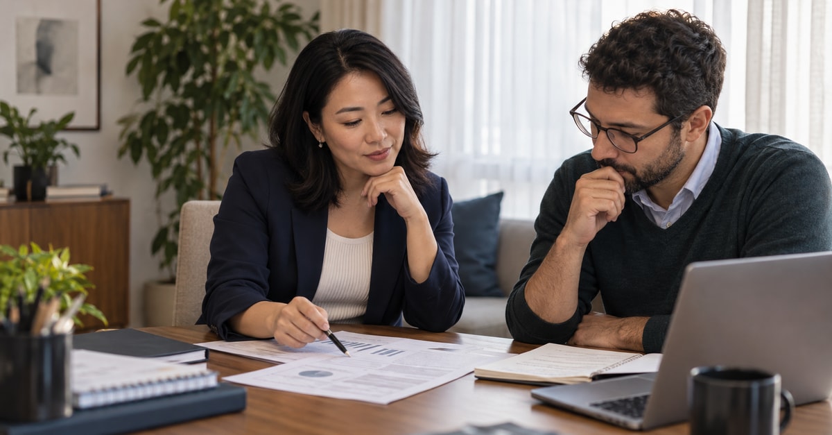 Consultora e profissional examinam juntos um relatório impresso ao lado do notebook.