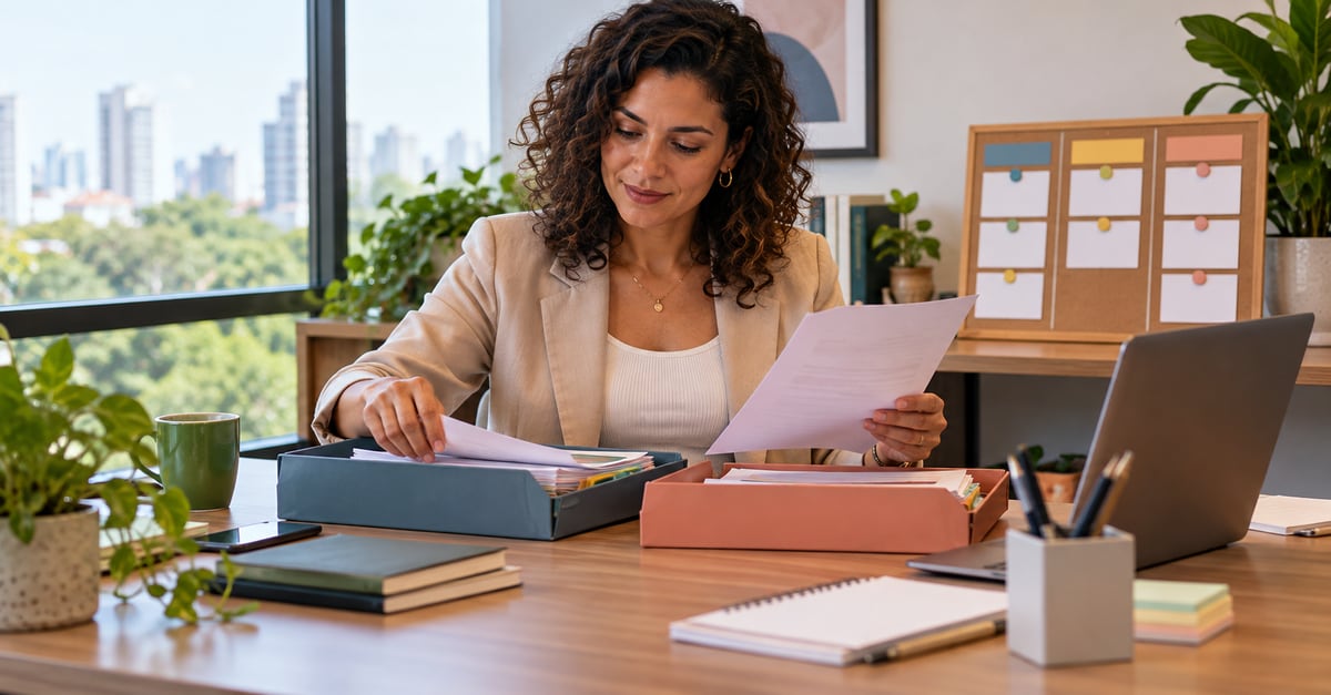Imagem ilustrativa de consultora organizando documentos de assessorados, com notebook e quadro de cartões ao fundo.