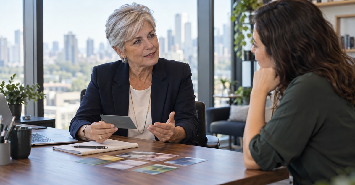 Consultora organiza cartões de competências com uma profissional durante uma conversa.