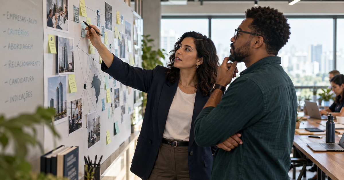 Jobhunter e profissional analisam juntos um mapa de contatos na parede.