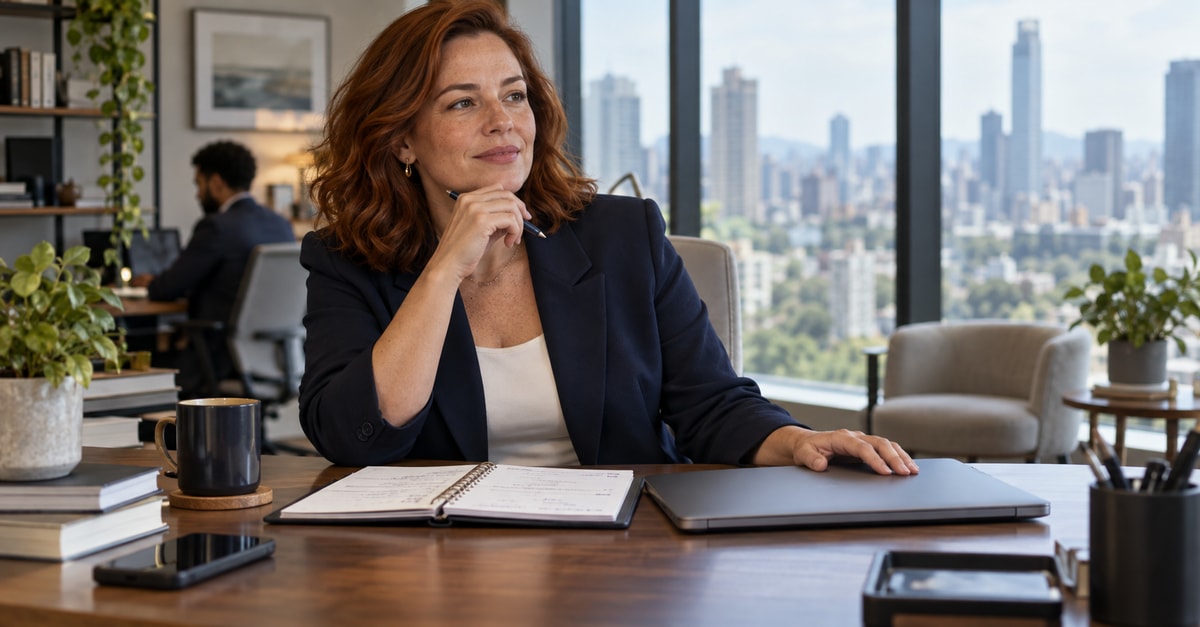 Executiva sentada em escritório com vista para a cidade, ao lado de uma agenda aberta e de um notebook fechado.