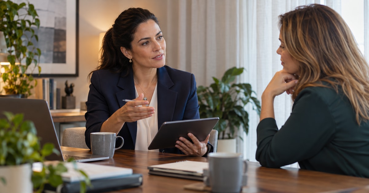 Consultora e executiva conversam sobre carreira com um tablet durante atendimento individual.
