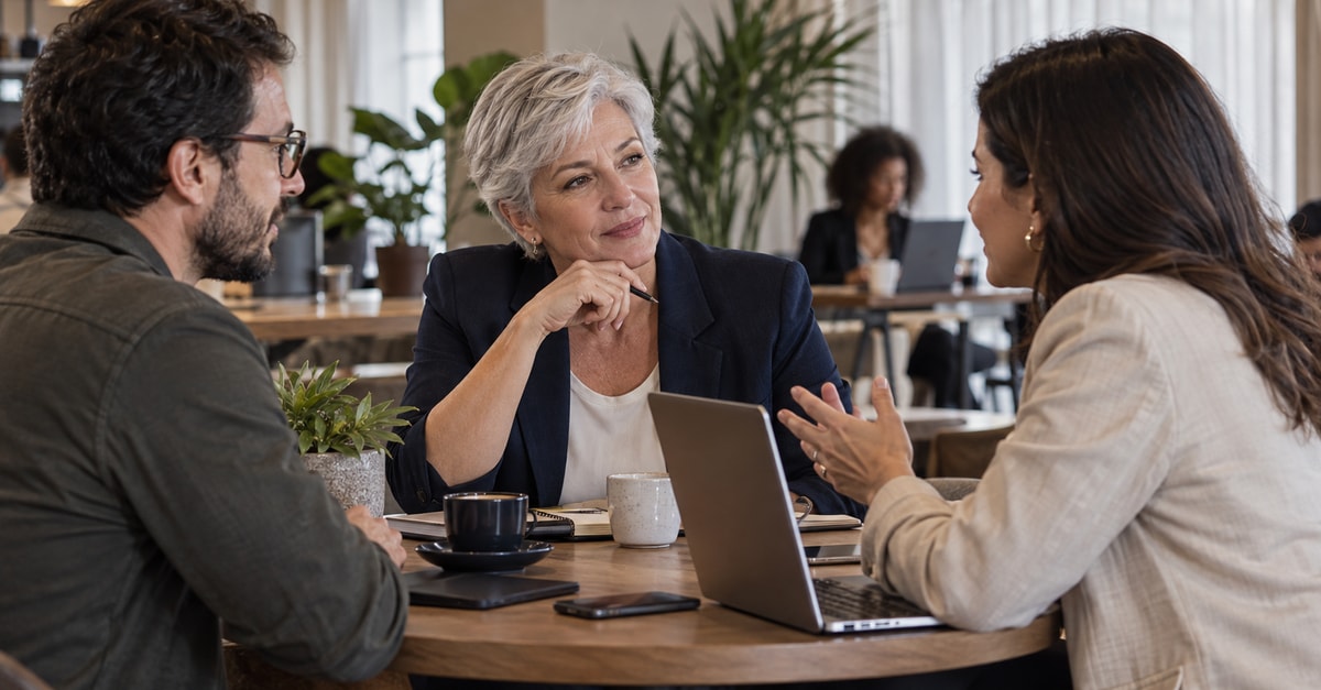 Consultora de cabelos grisalhos conversa com dois profissionais em uma mesa de café.
