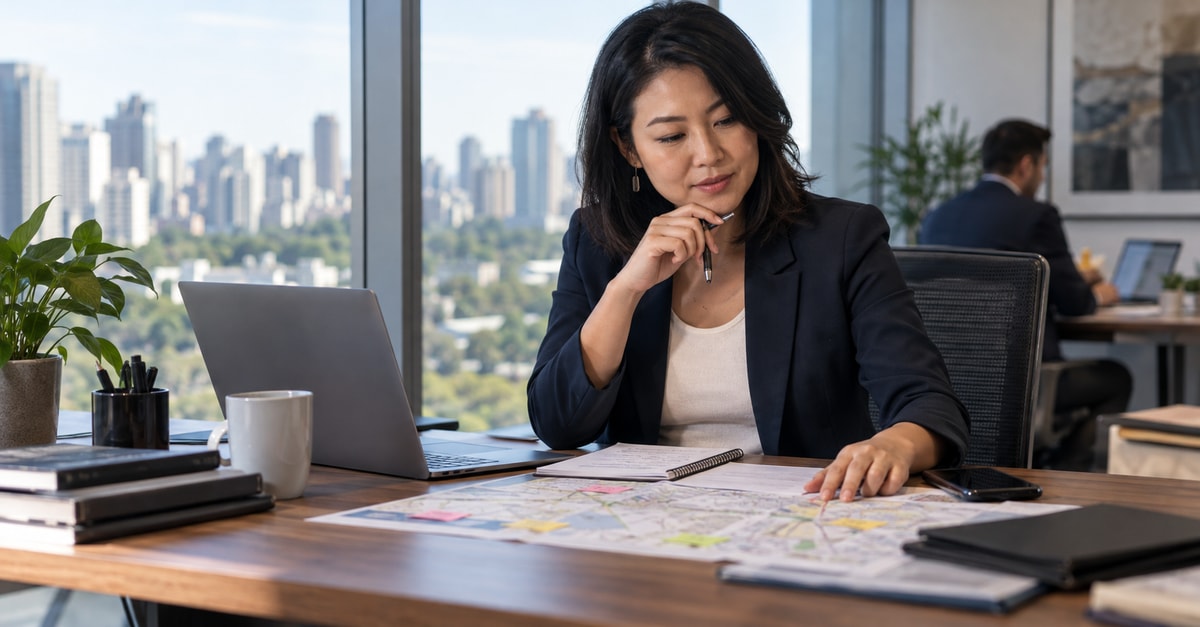 Consultora organiza um mapa de contatos e empresas com telefone e notebook sobre a mesa.