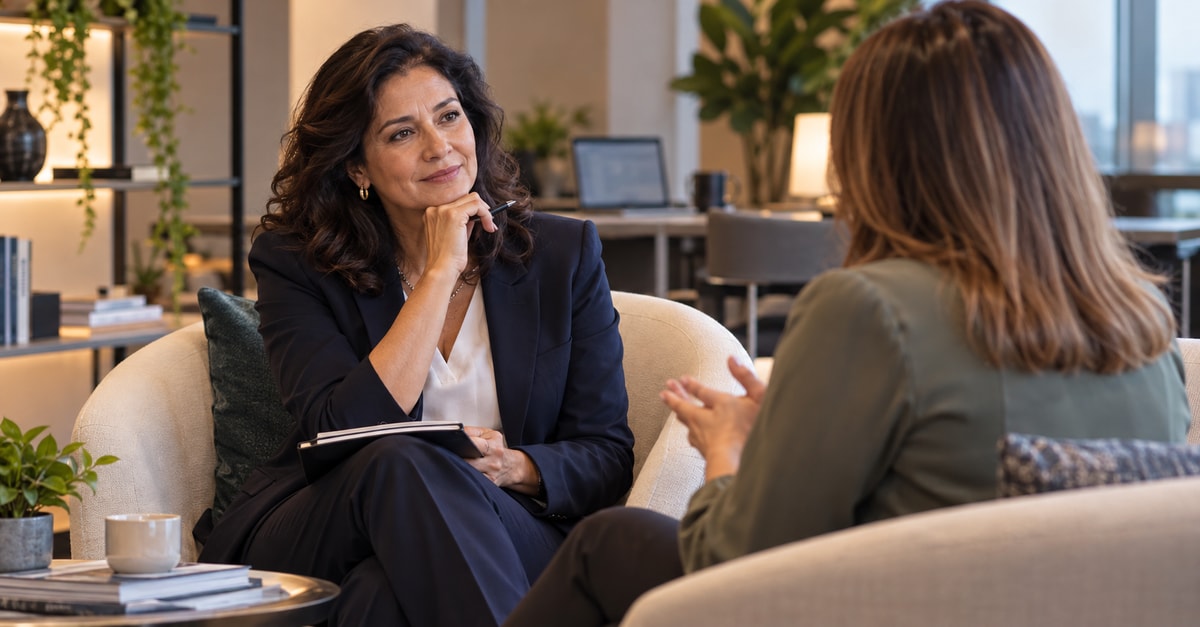 Consultora conversa com uma profissional em poltronas durante atendimento individual de carreira.