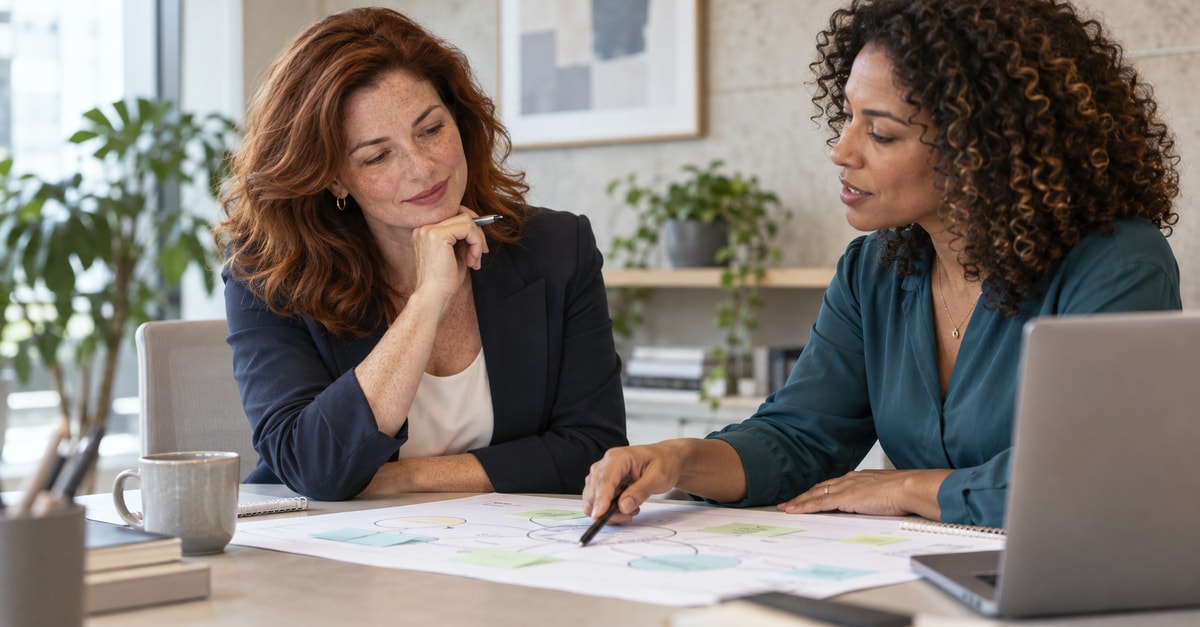 Consultora e profissional analisam um mapa impresso de competências e carreira.