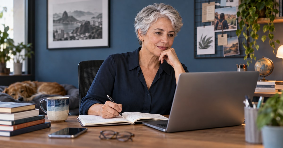 Consultora de cabelos grisalhos escreve anotações enquanto consulta seu notebook.