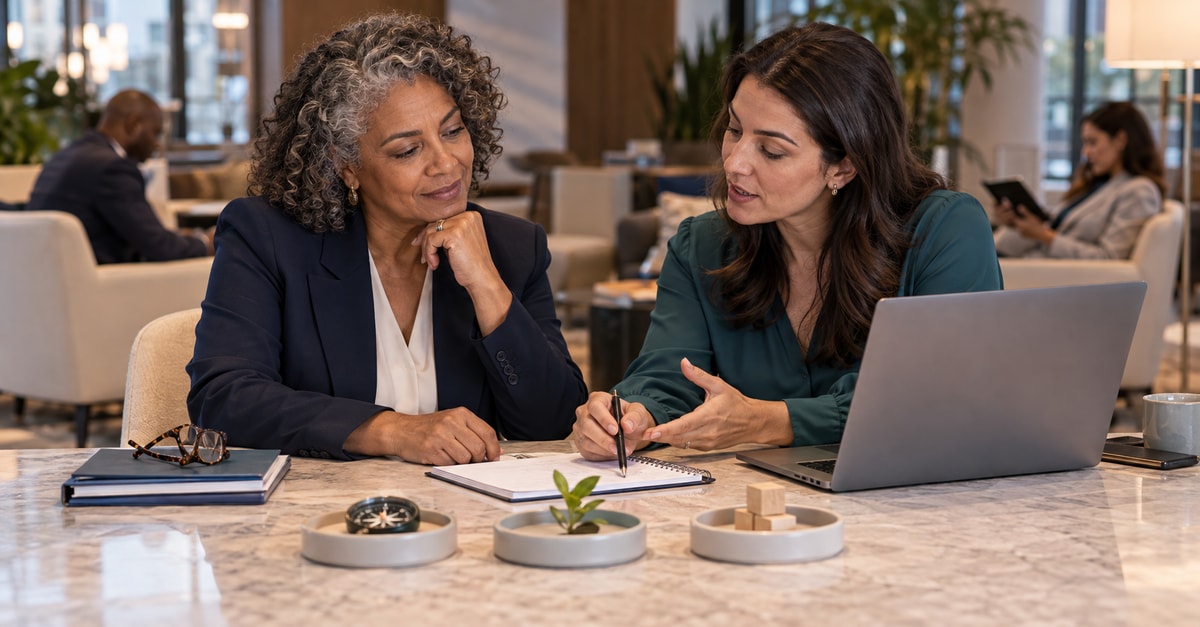 Consultora e profissional organizam elementos de planejamento sobre a mesa com um notebook.