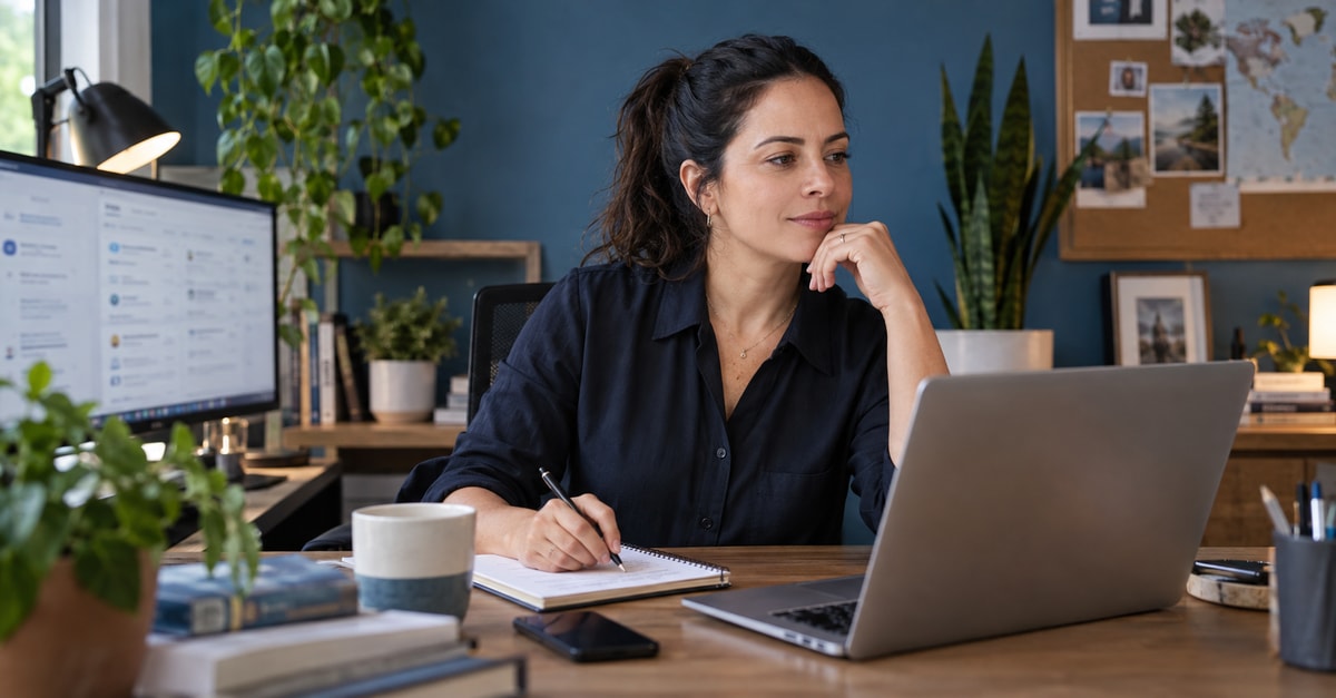 Jobhunter organiza uma pesquisa entre monitores e notebook com anotações em caderno.