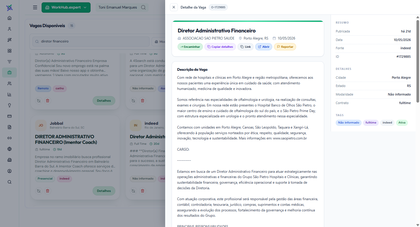 Tela de busca de vagas do WorkHub Expert com lista de oportunidades e os detalhes de uma vaga aberta.